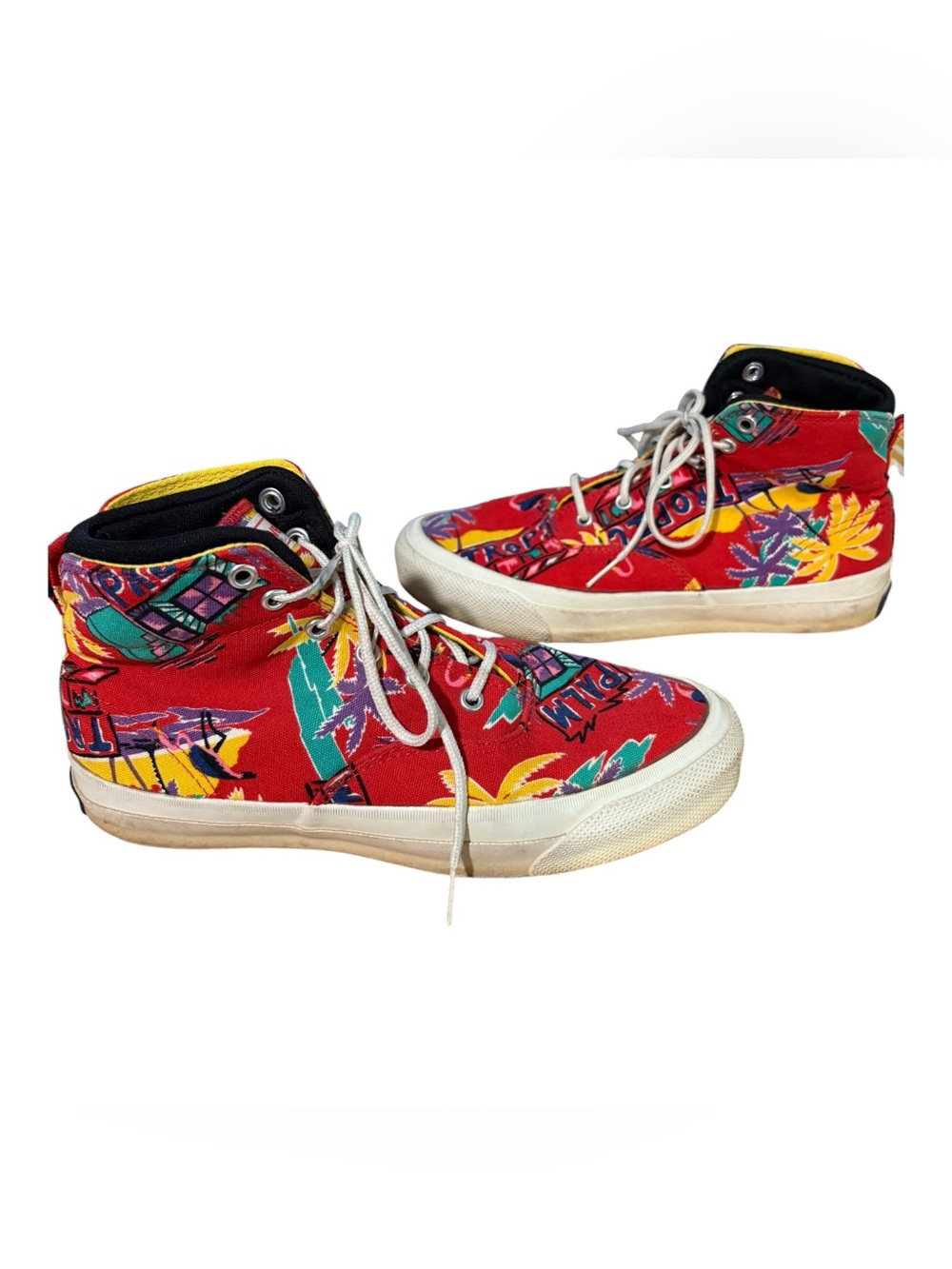 Rare Vintage Converse Skidgrip HighTop Sneakers with Red Tropical Hawaiian Print